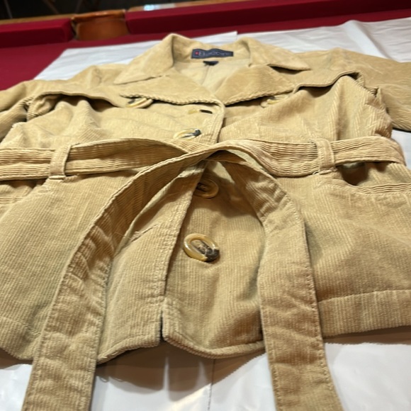 Corduroy tan JACKET women 1X Button Up tie belt notched collar short trench coat - Picture 5 of 14